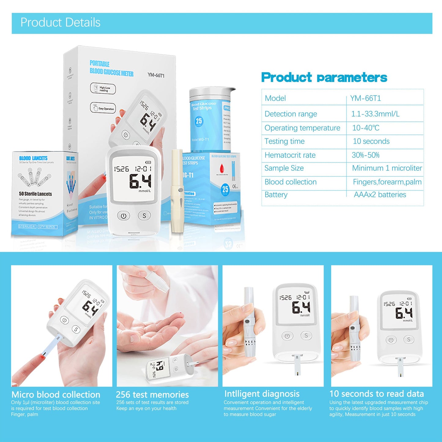 Kit de prueba de diabetes con medidor de glucosa en sangre
